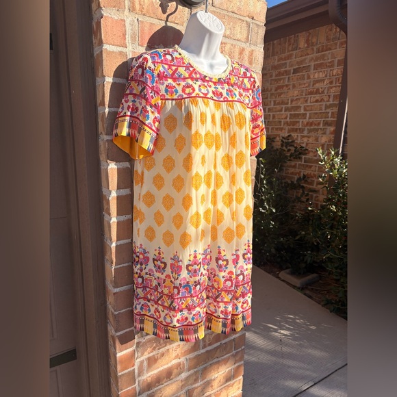 Anthropologie TANVI KEDIA S Caltha Swing DressYellow Red Beaded Boho - Picture 6 of 11